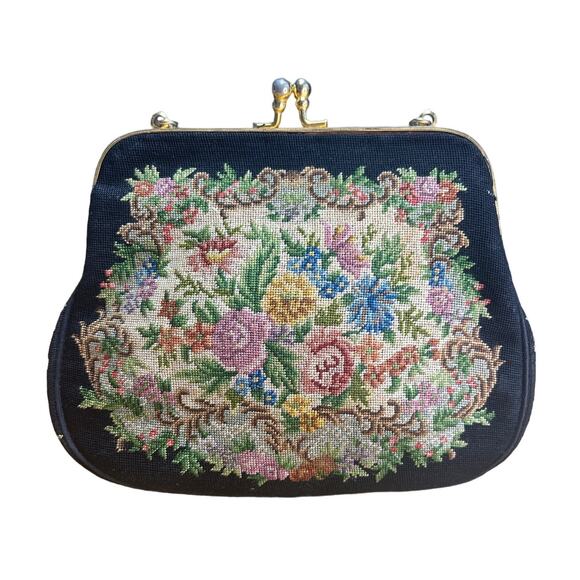Vintage Tapestry Black Floral Needlepoint Purse Clutch Chain Strap Kiss Clasp - Picture 2 of 7